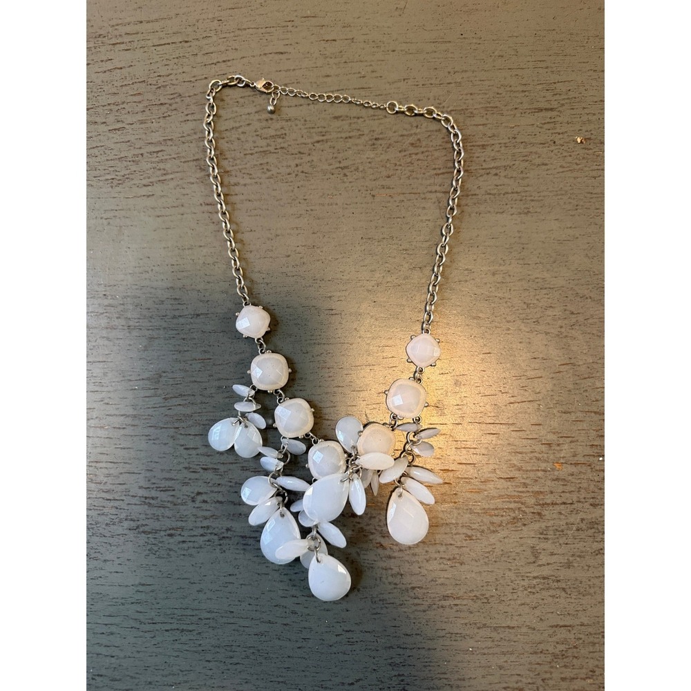 Silver Tone Statement Necklace Milky White Pink Resin Stone Cluster Teardrop